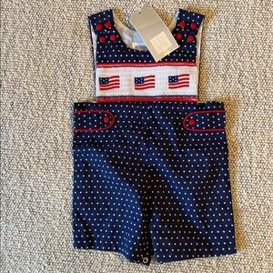 Lil Cactus Navy USA Flag Smocked Baby Romper 3M